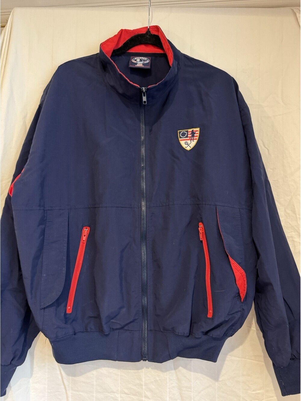 Starbus Men's Vintage Blue/Red Full Zip Windbreaker Jacket Crest Patch L MadeUSA